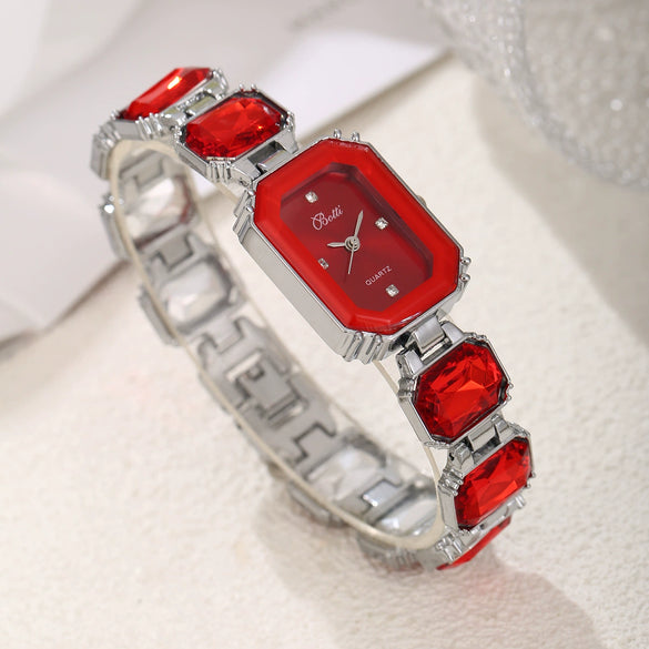 Women's Fashion Square Quartz Watch With Rhinestones Alloy Bracelet Stainless Steel Case And Buckle Pu Strap