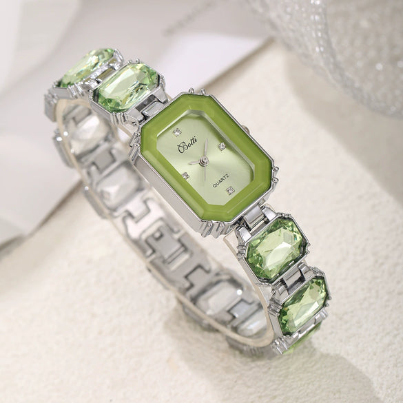 Women's Fashion Square Quartz Watch With Rhinestones Alloy Bracelet Stainless Steel Case And Buckle Pu Strap
