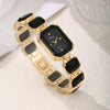 Women's Fashion Square Quartz Watch With Rhinestones Alloy Bracelet Stainless Steel Case And Buckle Pu Strap