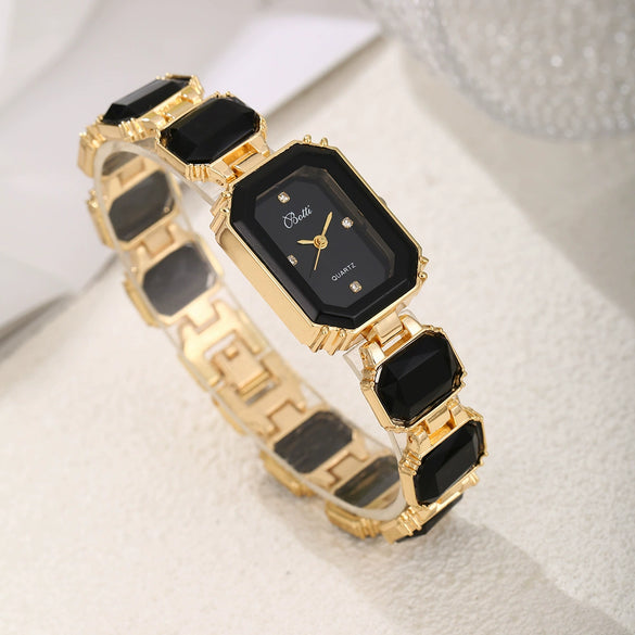 Women's Fashion Square Quartz Watch With Rhinestones Alloy Bracelet Stainless Steel Case And Buckle Pu Strap