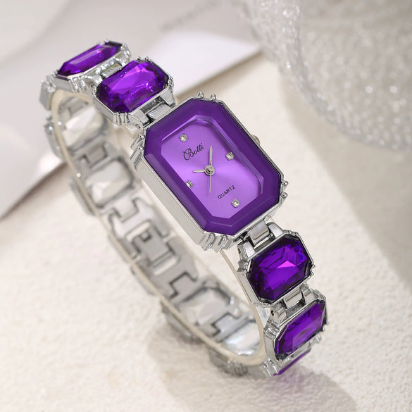 Women's Fashion Square Quartz Watch With Rhinestones Alloy Bracelet Stainless Steel Case And Buckle Pu Strap