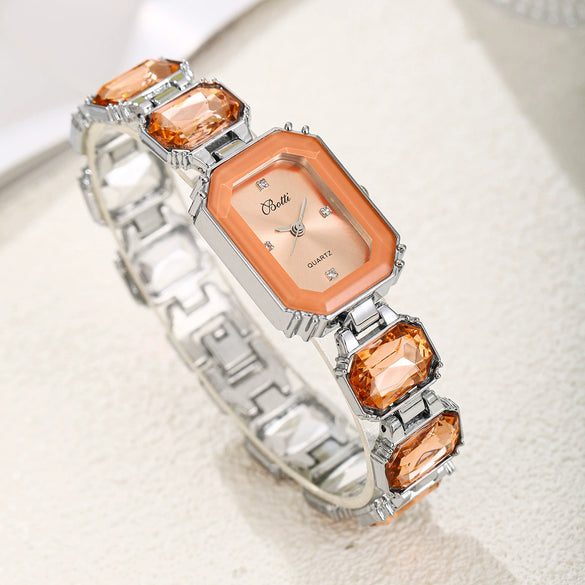 Women's Fashion Square Quartz Watch With Rhinestones Alloy Bracelet Stainless Steel Case And Buckle Pu Strap