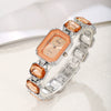 Women's Fashion Square Quartz Watch With Rhinestones Alloy Bracelet Stainless Steel Case And Buckle Pu Strap
