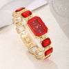 Women's Fashion Square Quartz Watch With Rhinestones Alloy Bracelet Stainless Steel Case And Buckle Pu Strap