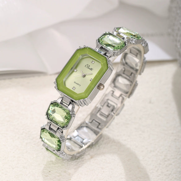 Women's Fashion Square Quartz Watch With Rhinestones Alloy Bracelet Stainless Steel Case And Buckle Pu Strap