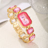 Women's Fashion Square Quartz Watch With Rhinestones Alloy Bracelet Stainless Steel Case And Buckle Pu Strap