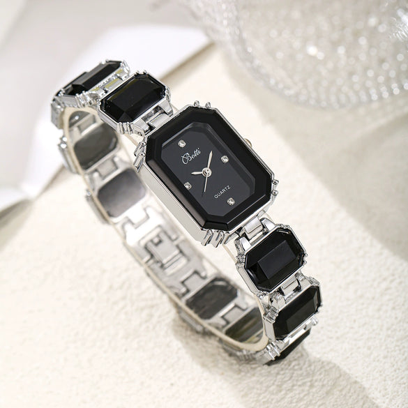 Women's Fashion Square Quartz Watch With Rhinestones Alloy Bracelet Stainless Steel Case And Buckle Pu Strap