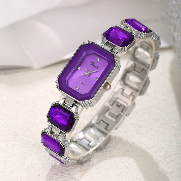 Women's Fashion Square Quartz Watch With Rhinestones Alloy Bracelet Stainless Steel Case And Buckle Pu Strap