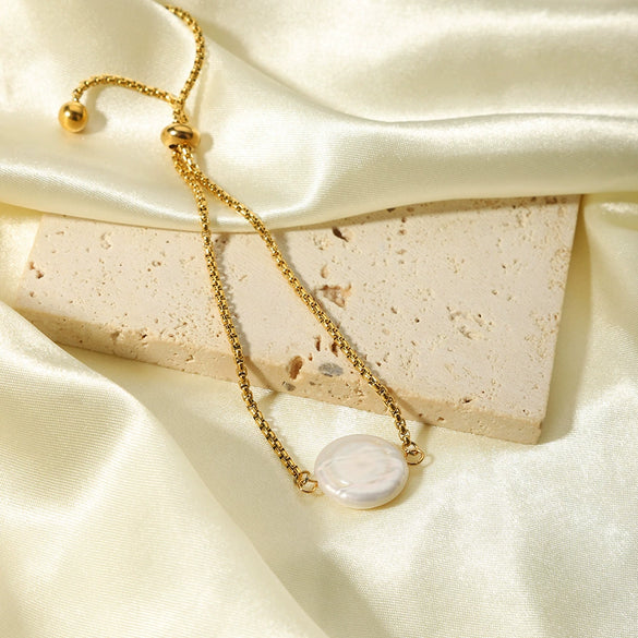 Women's Fashion Square Stainless Steel Natural Shell Bead Bracelet With Pvdp Furnace Real Gold Treatment