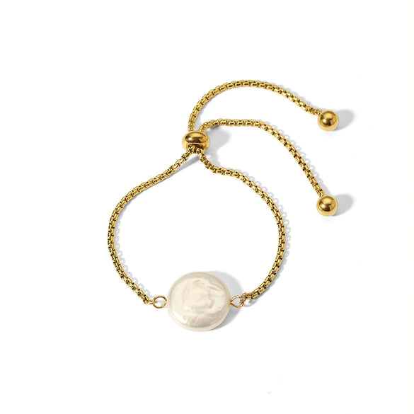 Women's Fashion Square Stainless Steel Natural Shell Bead Bracelet With Pvdp Furnace Real Gold Treatment