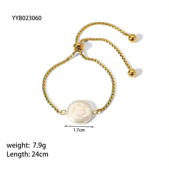 Women's Fashion Square Stainless Steel Natural Shell Bead Bracelet With Pvdp Furnace Real Gold Treatment