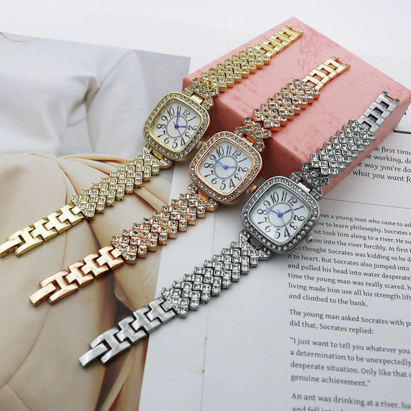 Women's Fashion Square Starry Quartz Alloy And Stainless Steel Watch With Diamond Embedded And Spiral Crown