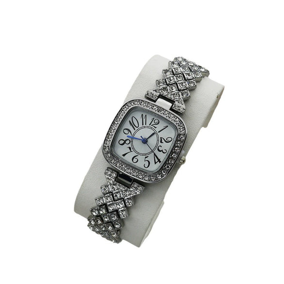 Women's Fashion Square Starry Quartz Alloy And Stainless Steel Watch With Diamond Embedded And Spiral Crown