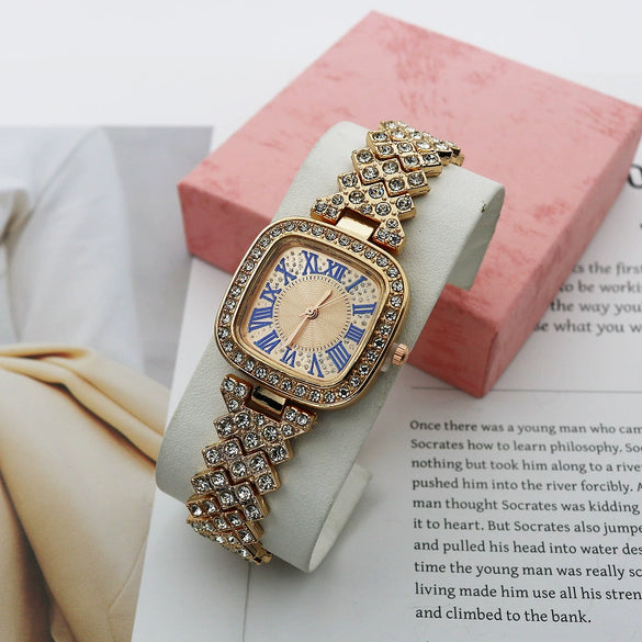 Women's Fashion Square Starry Quartz Alloy And Stainless Steel Watch With Diamond Embedded And Spiral Crown