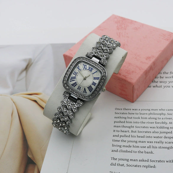 Women's Fashion Square Starry Quartz Alloy And Stainless Steel Watch With Diamond Embedded And Spiral Crown