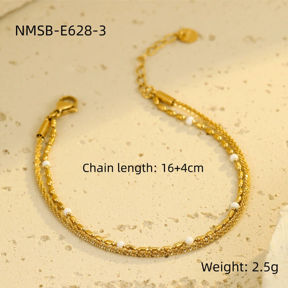 Women's Fashion Stainless Steel And 18K Gold Stacked Bracelets With Colorful Rice Beads And Electroplating Treatment