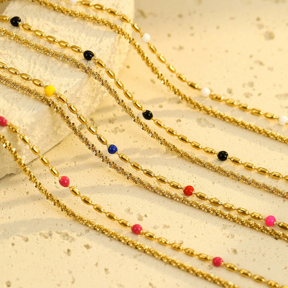 Women's Fashion Stainless Steel And 18K Gold Stacked Bracelets With Colorful Rice Beads And Electroplating Treatment