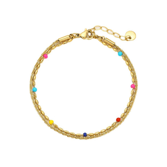 Women's Fashion Stainless Steel And 18K Gold Stacked Bracelets With Colorful Rice Beads And Electroplating Treatment