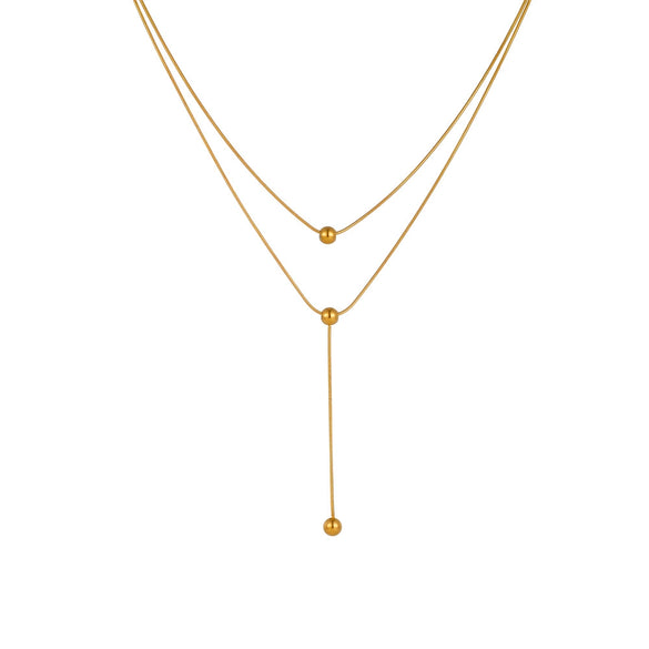 Women's Fashion Stainless Steel And Titanium Steel Neck Chain With Geometric Pattern Steel Ball And Square Tassel Design