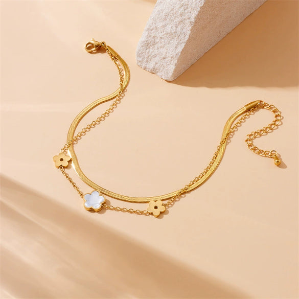 Women's Fashion Stainless Steel Foot Chain With Flower Pattern And Multilayer Stacked Design