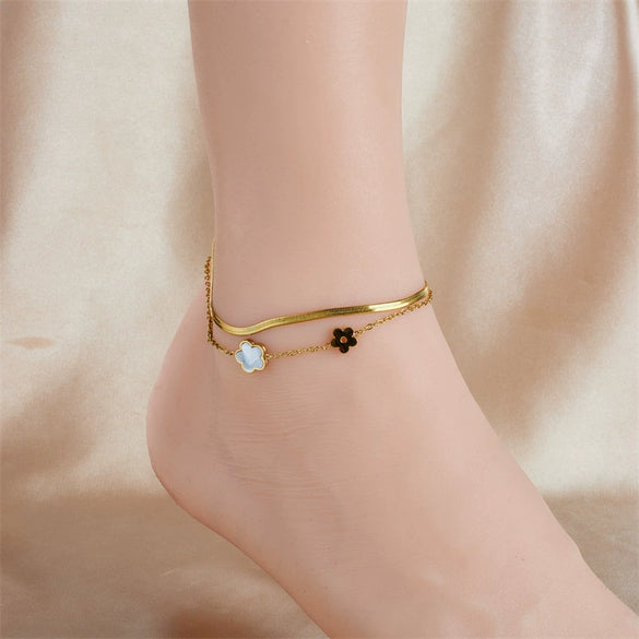 Women's Fashion Stainless Steel Foot Chain With Flower Pattern And Multilayer Stacked Design
