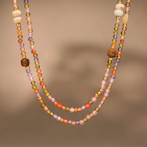 Women's Fashion Stainless Steel Geometric Zircon Tiger Eye Stone Handmade Clavicle Chain Necklace With Electroplating