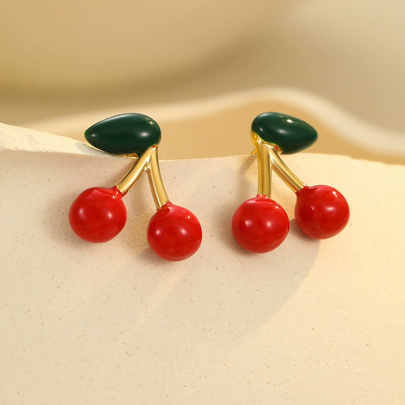 Women's Fashion Stainless Steel 18K Electroplated Cherry And Leaves Earrings