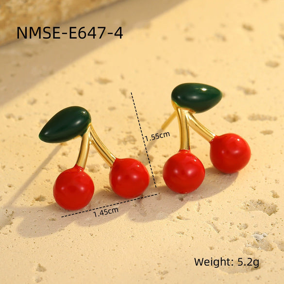 Women's Fashion Stainless Steel 18K Electroplated Cherry And Leaves Earrings