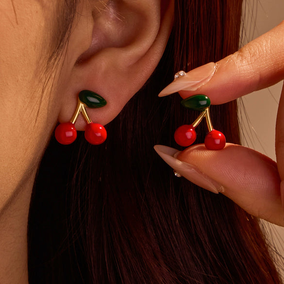 Women's Fashion Stainless Steel 18K Electroplated Cherry And Leaves Earrings