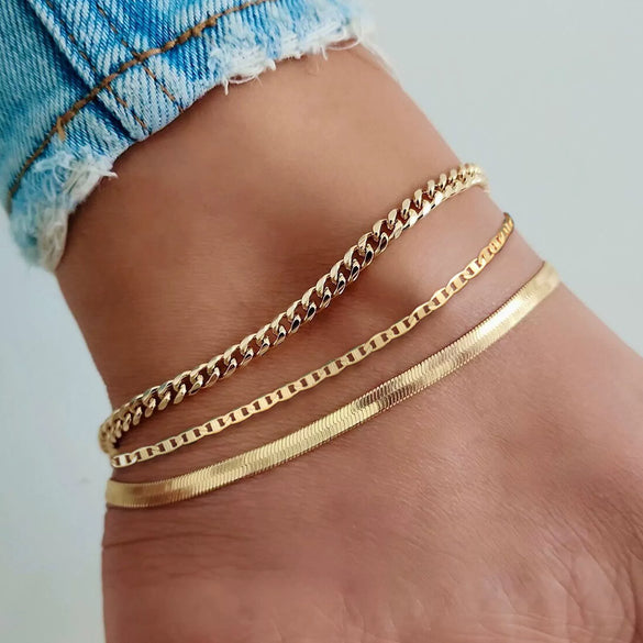 Women's Fashion Stainless Steel Multi Layer Cuban And Snake Chain Anklet With Geometric Design