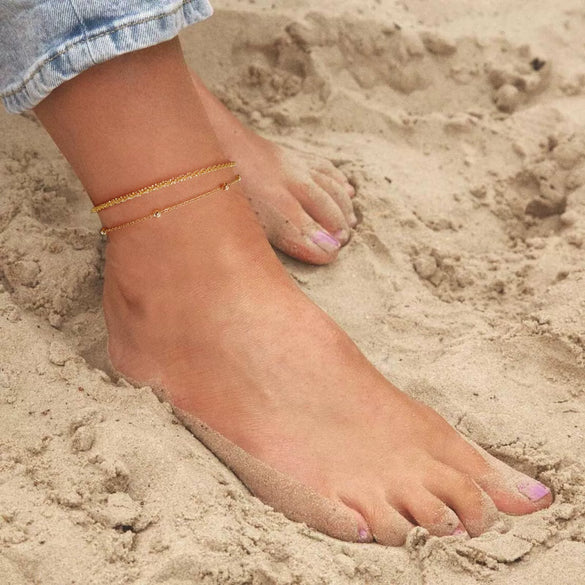 Women's Fashion Stainless Steel Multi Layer Cuban And Snake Chain Anklet With Geometric Design
