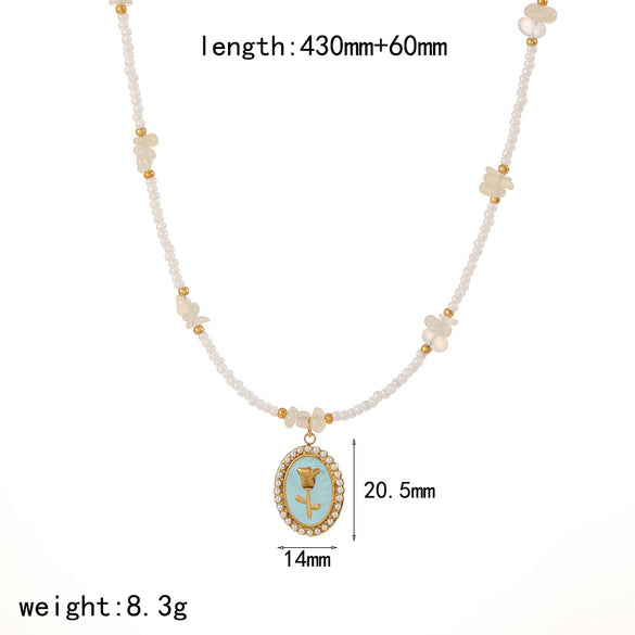 Women's Fashion Stainless Steel Necklace With Electroplating Pearl Chain And Rose Flower Pendant