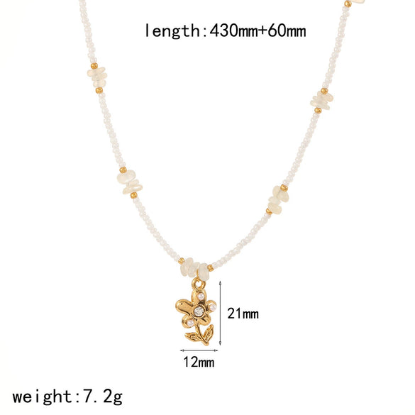 Women's Fashion Stainless Steel Necklace With Electroplating Pearl Chain And Rose Flower Pendant