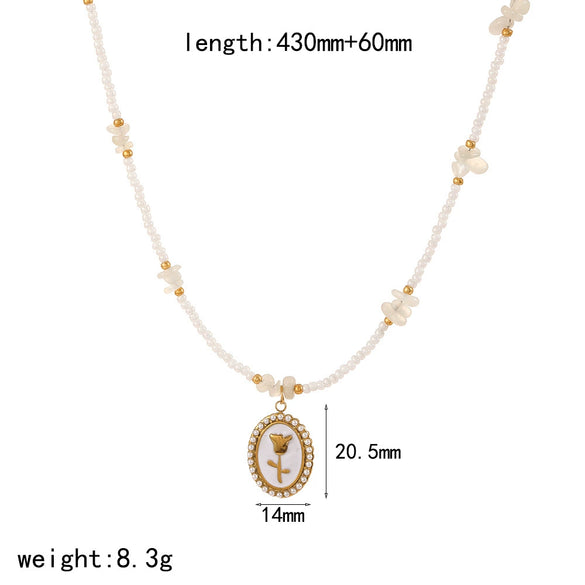 Women's Fashion Stainless Steel Necklace With Electroplating Pearl Chain And Rose Flower Pendant
