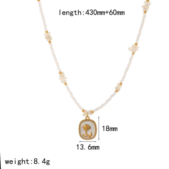 Women's Fashion Stainless Steel Necklace With Electroplating Pearl Chain And Rose Flower Pendant