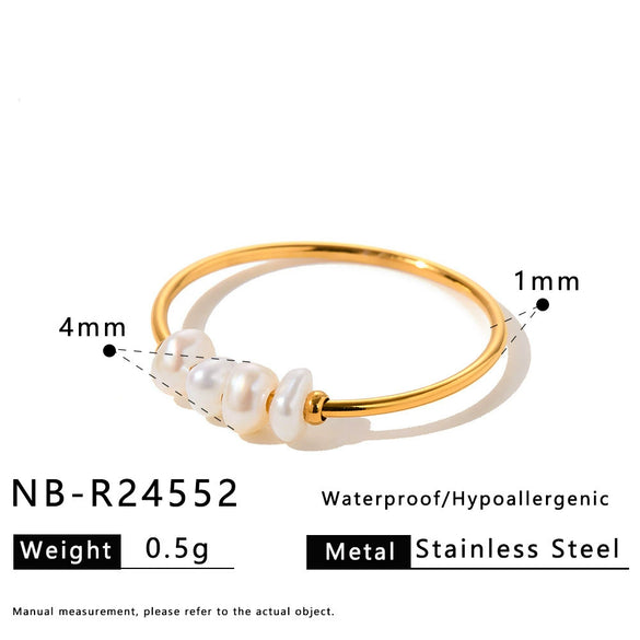 Women’s Fashion Stainless Steel Ring With Imitation Pearl Geometric Design And 18K Vacuum Plated Finish