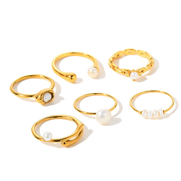 Women’s Fashion Stainless Steel Ring With Imitation Pearl Geometric Design And 18K Vacuum Plated Finish