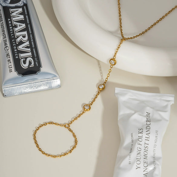 Women's Fashion Stainless Steel Zircon Finger Chain Mittens Bracelet With Pvd Furnace Vacuum Real Gold Plating