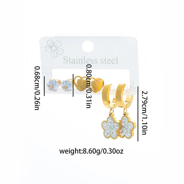 Women's Fashion Steel Heart And Flower Shaped Electroplated Earrings