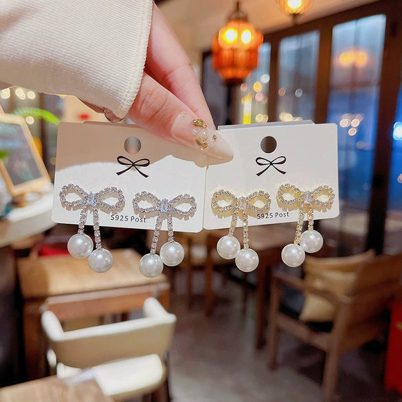 Women's Fashion Sweet Bow Design Copper S925 Silver Needle Set With Pearls Earrings
