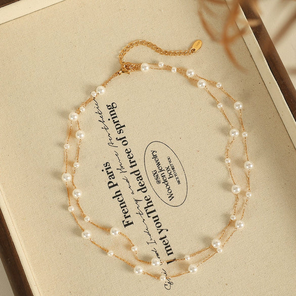 Women's Fashion Sweet Style 316L Stainless Steel Stars Pearl Clavicle Chain Necklace With Electroplating