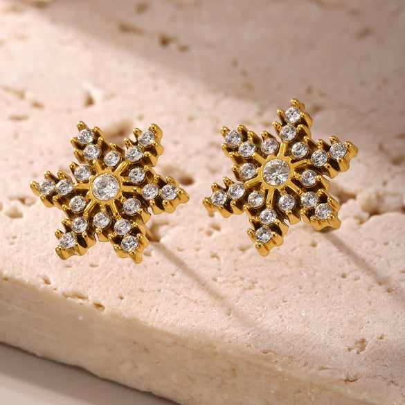 Women's Fashion Titanium Steel Inlaid Snowflake Zircon Earrings With Geometric Pattern And Pvd Plating