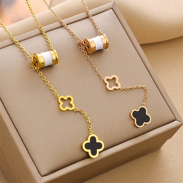 Women's Fashion Titanium Steel Necklace With Fourleaf Clover Pendant Geometric Pattern Mixed Gem Inlay And Electroplating Treatment Ochain