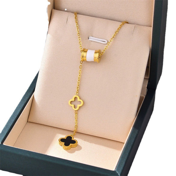 Women's Fashion Titanium Steel Necklace With Fourleaf Clover Pendant Geometric Pattern Mixed Gem Inlay And Electroplating Treatment Ochain