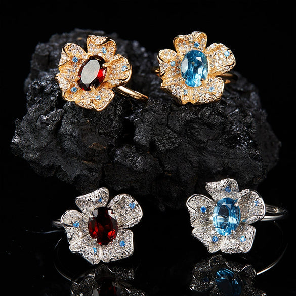 Women's Fashion Trendy Flower Design S925 Sterling Silver Natural Topaz Garnet Color Treasure Ring