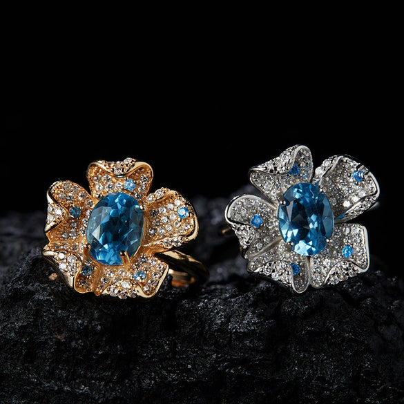 Women's Fashion Trendy Flower Design S925 Sterling Silver Natural Topaz Garnet Color Treasure Ring