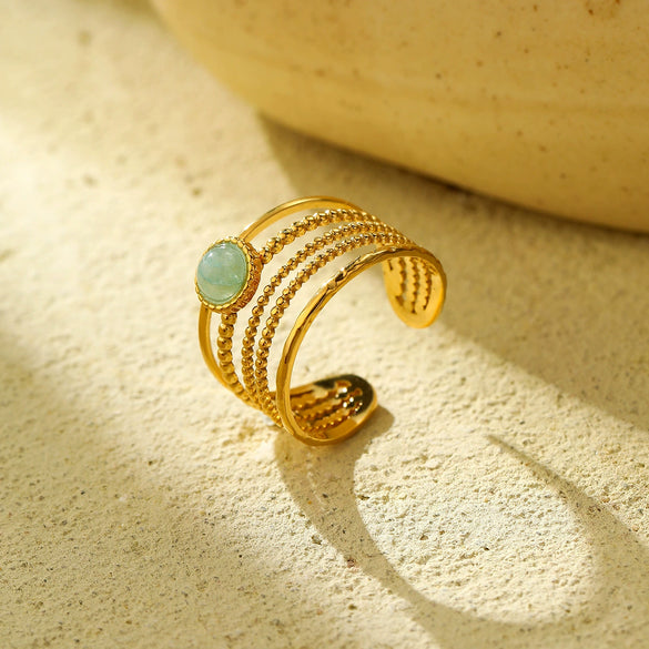 Women's Fashion Versatile Highend Open Ring Jewelry Titanium Steel Natural Green Aventurine Electroplated