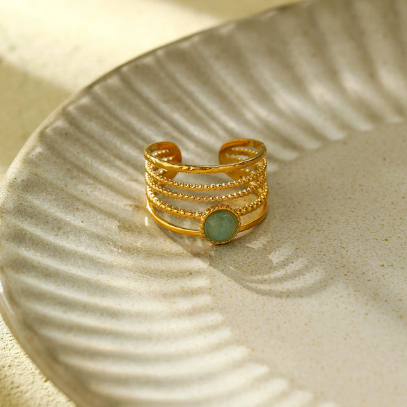 Women's Fashion Versatile Highend Open Ring Jewelry Titanium Steel Natural Green Aventurine Electroplated