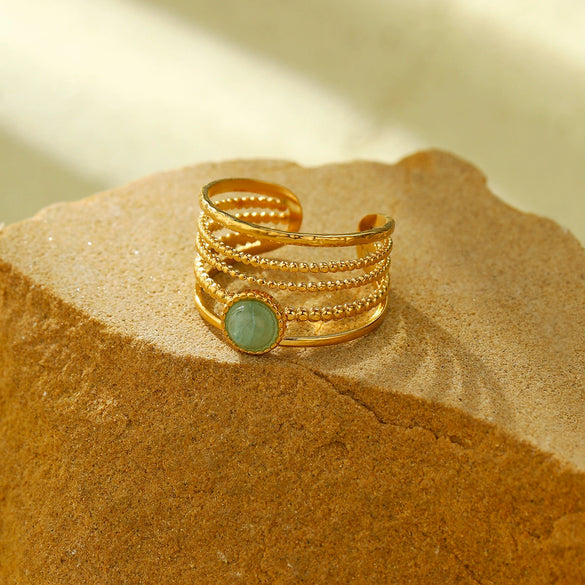 Women's Fashion Versatile Highend Open Ring Jewelry Titanium Steel Natural Green Aventurine Electroplated