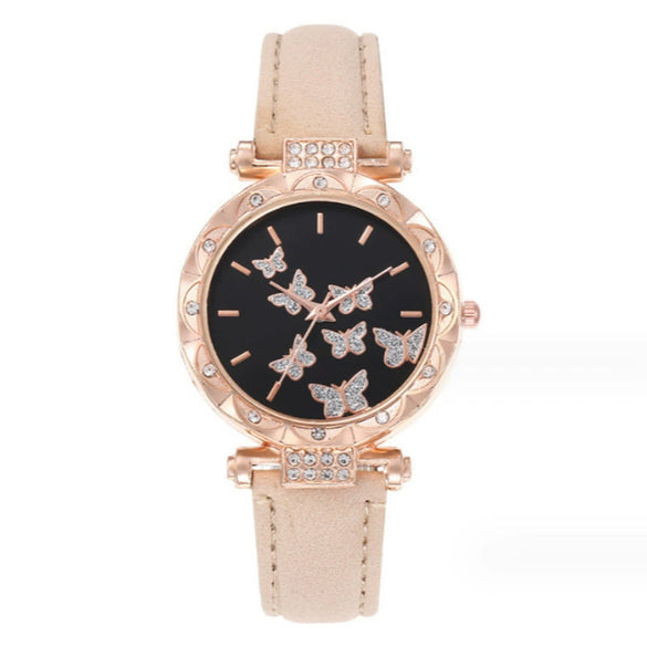 Women's Fashion Watch Bracelet Set Alloy Imitation Leather Rose Gold Buckle Round Quartz Watch